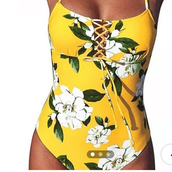CUPSHE  Yellow floral one piece swim suit-NWT Size M - Picture 1 of 5